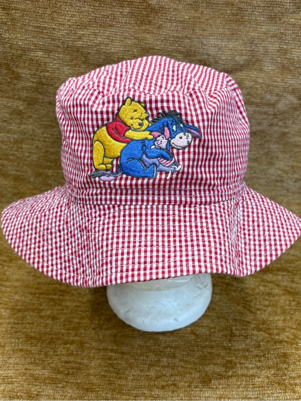 Disney Red Gingham Bucket Hat with Winnie the Pooh, Eeyore & piglet  Embroidery